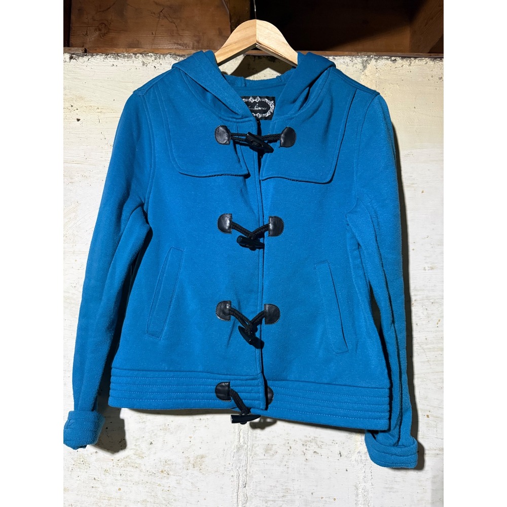 Ambiance Apparel Womens Large Aqua Teal Fleece Hooded Toggle Duffle Jacket
